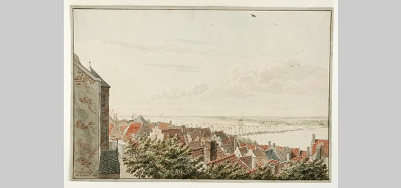 De schipbrug in 1815, aangelegd voor Nederlandse troepen op weg naar een confrontatie met Napoleon. De brug is versierd met Nederlandse vlaggen.