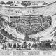Belegering van de stad Nijmegen door Prins Maurits 1591, die voor zijn troepen gebruik maakt van een schipbrug (linksboven) over de Waal. © Regionaal Archief Nijmegen PD