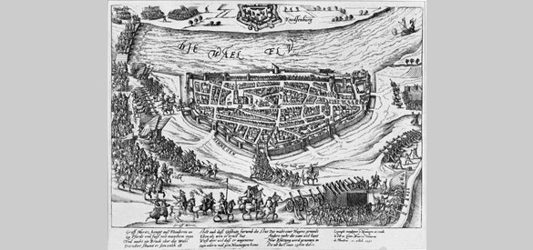 Belegering van de stad Nijmegen door Prins Maurits 1591, die voor zijn troepen gebruik maakt van een schipbrug (linksboven) over de Waal.