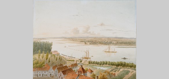 Aquarel van J. van Leeuwen uit 1826 met het uitzicht vanaf de Belvedère, met op de Waal de gierpont.