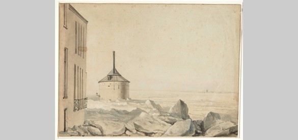 IJsgang aan de Waalkade in Nijmegen in 1855. In het midden een kraan om schepen te laden en te lossen.