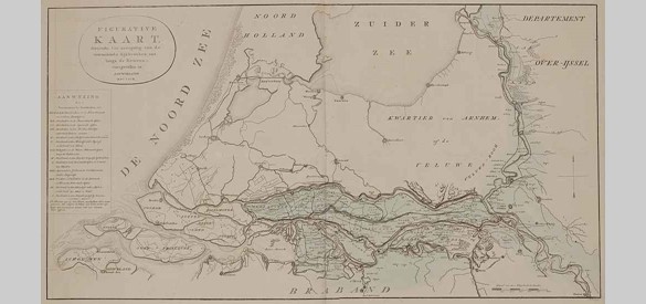 Kaart met dijkbreuken en overstroomde gebieden in 1809