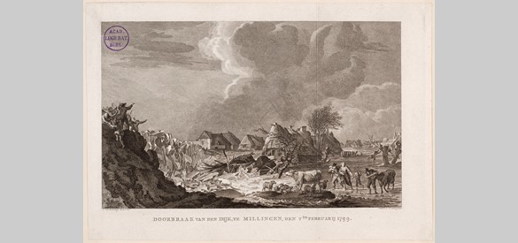 Mensen brengen zich in veiligheid op de dijk bij doorbraak door kruiend ijs bij Millingen in 1799