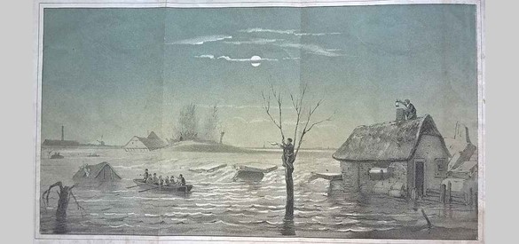 Uitvouwblad bij boekje Korte Beschrijving van den Watersnood in 1855. Dijkbreuk te Dreumel