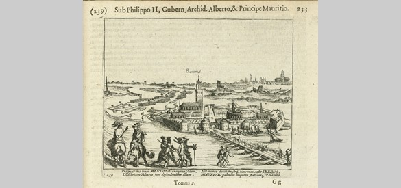 Prent van Simon Frisius (1613 – 1615) over het beleg van Zaltbommel door Mendoza, met schipbrug over de Waal naar de Tielerwaard.