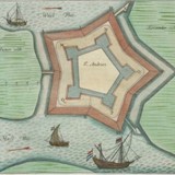 Het door de Spanjaarden gebouwde fort ‘oud’ Sint-Andries ligt strategisch op een landtong tussen Maas en Waal. Kaart van Blaeu, 1649. © Universiteit Utrecht, Toonneel der Steden, Joan Blaeu