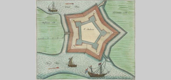 Het door de Spanjaarden gebouwde fort ‘oud’ Sint-Andries ligt strategisch op een landtong tussen Maas en Waal. Kaart van Blaeu, 1649.