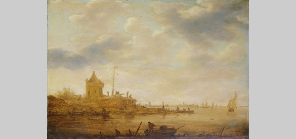 Dit schilderij van Jan van Goyen, ‘Riviergezicht met Wachtpost’, uit 1644 is een van de weinige beelden van de wachttorens langs de rivieren.