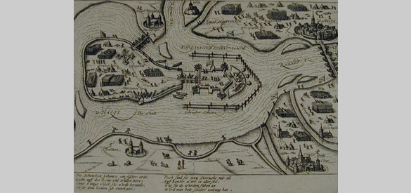 Kaart van Schenkenschans, toen deze in 1599 door de Spanjaarden werd belegerd, door Frans van Hogenberg