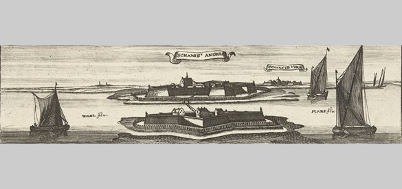 Uitsnede uit prent met Sint-Andries in 1654, tussen de Wael (links) en de Maes (rechts) met op de voorgrond een uitbreiding met een extra schans, en op de achtergrond Fort Voorne.