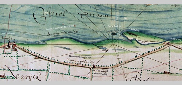 Een kaart uit 1657 met de Waal nabij Varik, tussen de Zennewijnse waard en het fort St. Andries, met oude en nieuwe reduijt