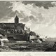 Kopergravure met stadsgezicht op Nijmegen vanaf de Waal met de in 1784 ingestorte Lappentoren © Ernst Karl Gottlieb Thelott en Hendrik Hoogers, 1784 of later, collectie Museum Het Valkhof CC-BY