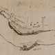 Detail geschetste kaart van Johan van Gielis uit 1552 (noord onder). Commissarissen van het Hof van Gelre testten de stroom (stippellijn). © Johan van Gielis, Hof van Gelre en Zutphen, Gelders Archief, CC-BY