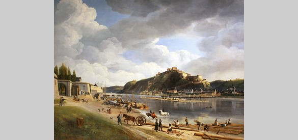 In 1828 legde Johann Adolf Lasinsky de afvaart van een groot Hollands houtvlot bij Koblenz vast. Op het vlot zijn hutten gebouwd. Tientallen roeiers sturen het vlot in de goede richting.