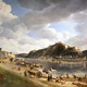 In 1828 legde Johann Adolf Lasinsky de afvaart van een groot Hollands houtvlot bij Koblenz vast. Op het vlot zijn hutten gebouwd. Tientallen roeiers sturen het vlot in de goede richting. © Wikimedia PD