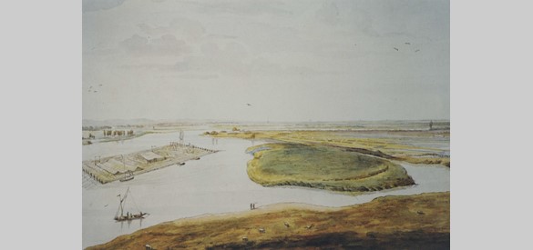 Houtvlot op de Waal, ten oosten van Nijmegen. Aquarel uit 1806 van Derk Anthony van de Wart.