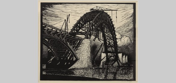De spoorbrug en Waalbrug vormen vaak een inspiratiebron voor kunstenaars. Op deze linoleumsnede uit 1933 portretteert Eugène Lücker de bouw van de Waalbrug.