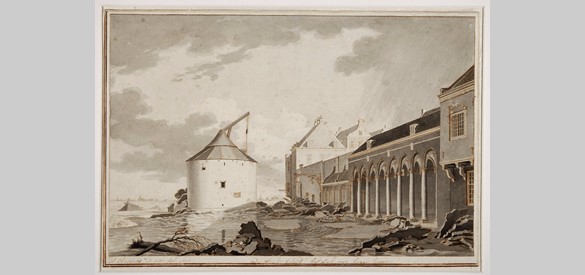 Op deze pentekening van Hendrik Hoogers uit 1809 is kruiend ijs op de Waalkade te zien, dat zich opstapelt tegen de Kraan.