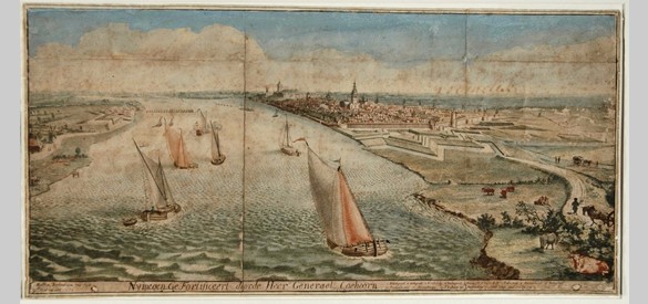 Veel kunstenaars legden de weidsheid van het rivierenlandschap vast, vaak vanwege het landschap zelf, maar op deze ets om de fortificaties rond Nijmegen in beeld te brengen (Mattheus Berkenboom, 1705).