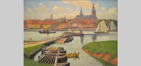 Na de bouw van de Waalbrug werden de schipbrug en het oude veer opgeheven. Tot die tijd vormden ze voor veel kunstenaars een inspiratiebron. Eugène Lücker, Gezicht vanaf Lent op Nijmegen, 1930.