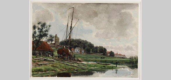 Bedrijvigheid aan de Waal: aan de oostkant van Nijmegen, bij het Meertje, lag een kleine scheepstimmerwerf, zoals te zien is op deze aquarel uit 1884 van Johan Hendrik Doeleman.