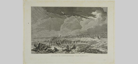 Storm, onweer en kruiend ijs op de Waal voor Nijmegen, in de nacht van 21-22 februari 1799. Deze kopergravure is een illustratie bij de publicatie ‘Beschryving van den Watersnood'