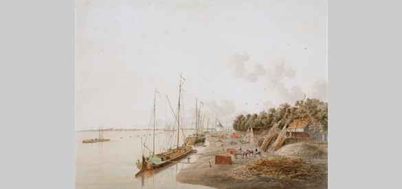 Bedrijvigheid aan de Waal: Gezicht op de Waalkade ter hoogte van de Waalwal, met op de achtergrond de kraan. Aquarel uit 1824 van J. van Leeuwen.