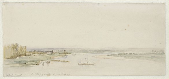 Weids Waallandschap. Gezicht vanaf het Valkhof op de Waal naar het oosten. Aquarel van Pieter Franciscus Peters uit 1848.