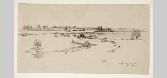 Krijttekening van het weidse Waallandschap bij Slijk-Ewijk, van Willem Weissenbruch, vermoedelijk eerste helft van de twintigste eeuw.