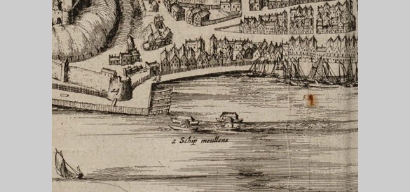 Uitsnede uit een vogelvluchtgezicht op Nijmegen in het stedenboek van Blaeu (1649) met de twee schipmolens.
