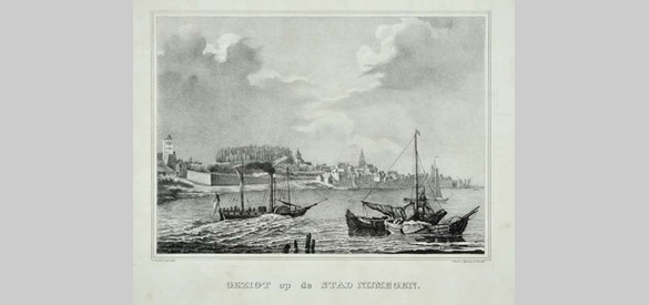 In 1816 voer het eerste stoomschoepenschip over de Waal. Al gauw was de raderboot een vertrouwd beeld, zoals onder meer te zien is op deze lithografie van Theodoor Soeterik uit omstreeks 1840.