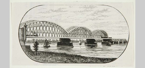 In 1879 kwam de spoorbrug over de Waal gereed. Op deze houtgravure uit 1880 is de spoorbrug te zien. Het was een illustratie in een aardrijkskundeboek.