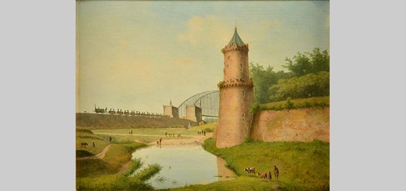 In 1879 kwam de spoorbrug over de Waal gereed. Op dit schilderij van Rudolphus Lauwerier uit 1878 is de aanleg van de spoordijk te zien, waarover wagons met zand worden aangevoerd.
