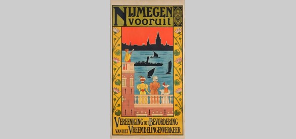Aan het eind van de negentiende eeuw werd de promotie het ontluikende toerisme in Nijmegen professioneel aangepakt, zoals dit affiche van Willem van Boven uit 1897 laat zien.