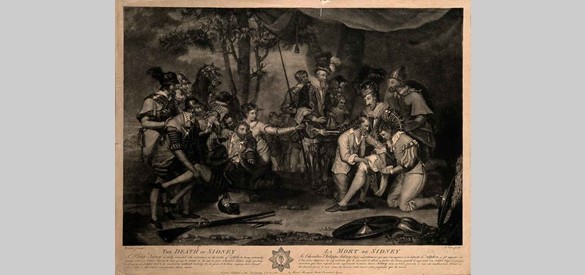 Sidney raakt gewond bij Warnsveld. The death of Sidney, Mezzotint door J. Jones naar G. Carter, 1782.
