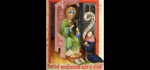 Arnold van Egmond (r), oudste zoon van Maria van Arkel en Jan II van Egmond. Afgebeeld in zijn Breviarium, knielend bij St.Nicolaas