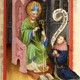 Arnold van Egmond (r), oudste zoon van Maria van Arkel en Jan II van Egmond. Afgebeeld in zijn Breviarium, knielend bij St.Nicolaas © Publiek Domein