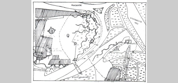 Deze kaart, getekend door het verzet, toont de verdedigingswerken op het Valkhof: de drie bunkers en het loopgravennetwerk dat ze verbond.