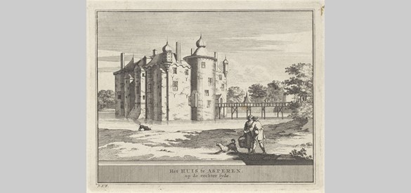 Gezicht op kasteel Waddestein te Asperen door Jacobus Schijnvoet naar een tekening van Roelant Roghman, 1711 - 1774