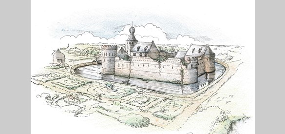 Huis Heumen rond 1800, grote delen van het oude kasteel worden afgebroken.