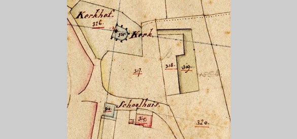 Uitsnede van kadastraal minuutplan van ca. 1820 van de oudste locatie van het Huis te Overasselt met op perceel B319 het veronderstelde restant in de vorm van een vijver.