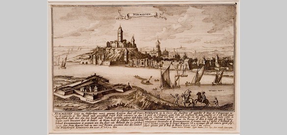 Nijmegen ca. 1674 Links het Valkhof, op voorgrond vesting Knodsenburg