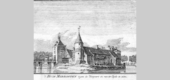 Prent van ‘t Huys Middachten met de binnengracht (weergave van de situatie aan het begin van de 17e eeuw of eerder).