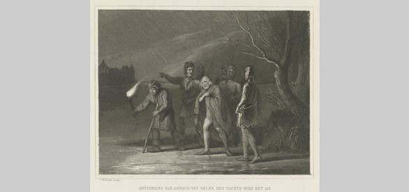 Soldaten ontvoeren Arnold van Egmond over het ijs. Johann Wilhelm Kaiser, ca. 1850