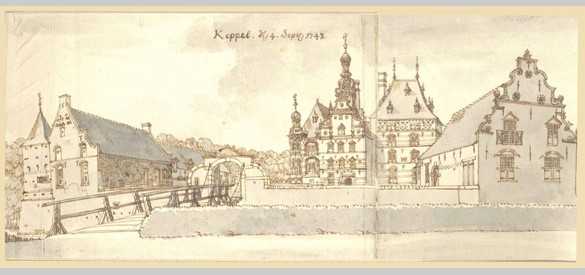 Kasteel Keppel in Laag-Keppel 1743 © Tekening Jan de Beijer. Beeldbank Nederlandse Kastelenstichting.