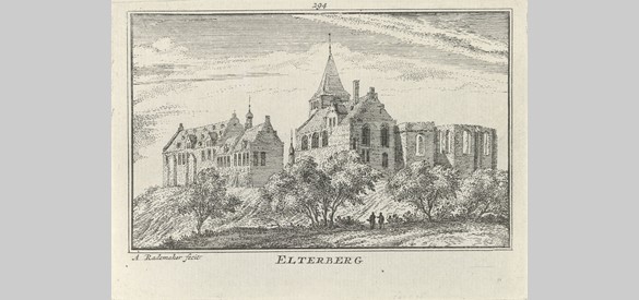 'Hoog-Elten op de Elterberg', ets van Abraham Rademaker (1727-1733). Op de heuvel de ruïne van de Vitusabdij en de Sint-Vituskerk.