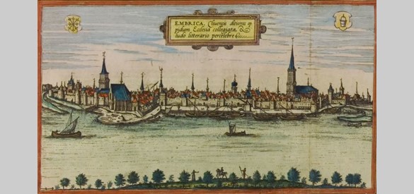 'Embrica' Gezicht van de overzijde van de Rijn op Emmerik, 1575, ingekleurde ets van G. Braun en F. Hogenberg
