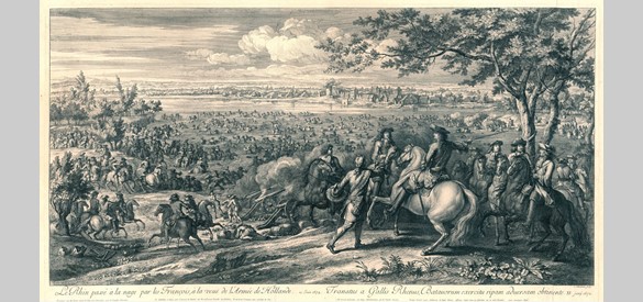 'De Franse legers steken bij Lobith de Rijn over, 1672' prent Charles Louis Simonneau naar Adam Frans van der Meulen (1672)