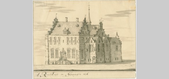 't Raathuijs in Groningen 1636, tekening J. Stellingwerf
