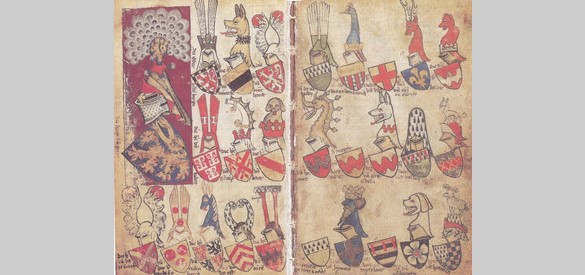 Wapenboek van de heraut van Gelre met de wapenschilden van Bergh, Bronkhorst en Bahr